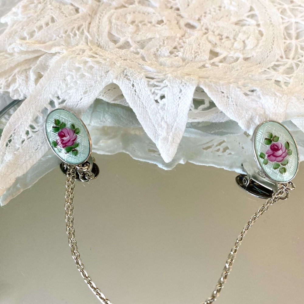 Rare vintage cloisonné sterling silver bib clips